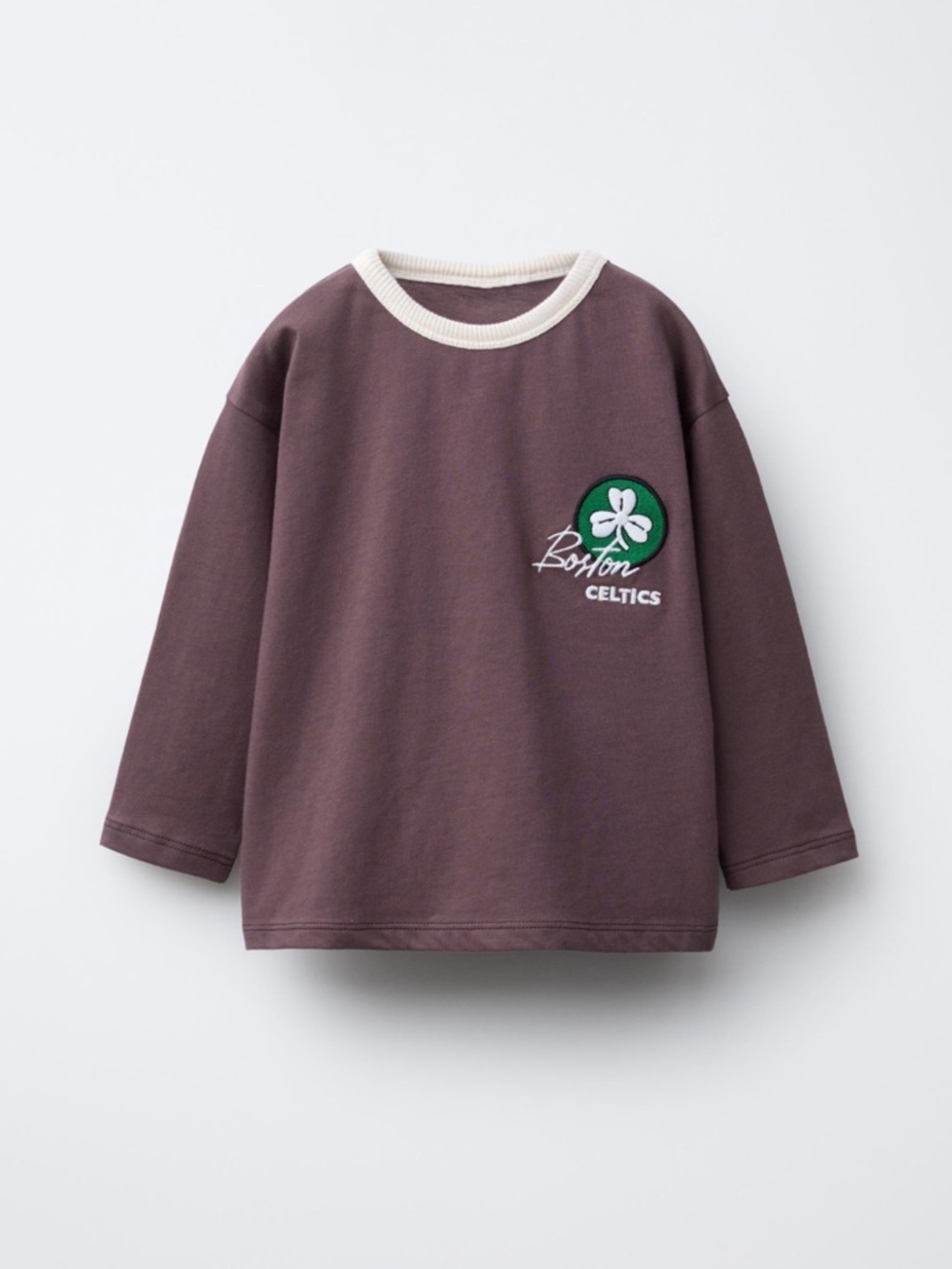 Zara Plum Sweatshirt with Cream Neckline and Green Celtics Patch RARE